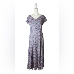 Blue Multicolor Printed V-Neck Flutter Sleeve Maxi Dress. Summer Dress. Size L.